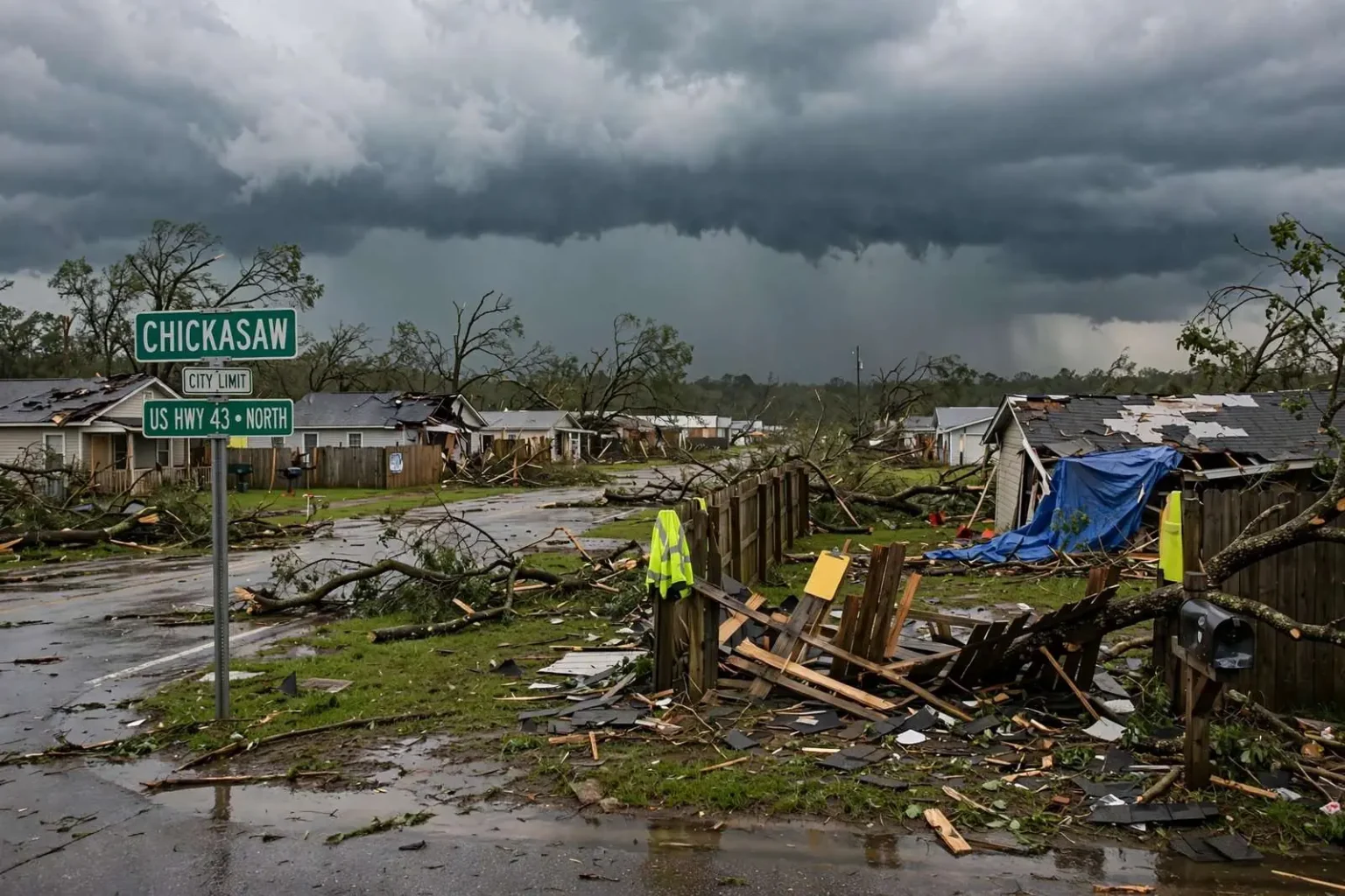 Illustration for the news story: Weather Service Confirms EF-0 Tornado in Chickasaw as Storms Sweep the Coast
