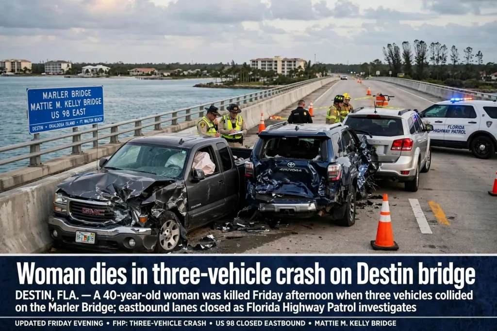 Illustration for the news story: Woman dies in three-vehicle crash on Destin bridge