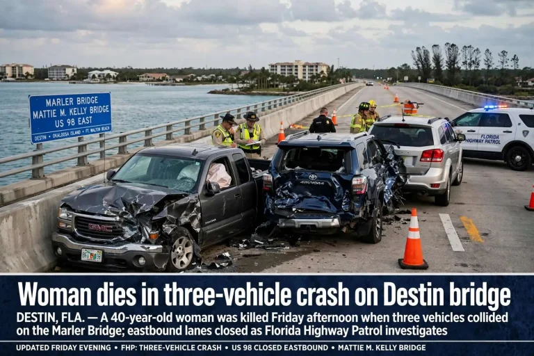 Illustration for the news story: Woman dies in three-vehicle crash on Destin bridge