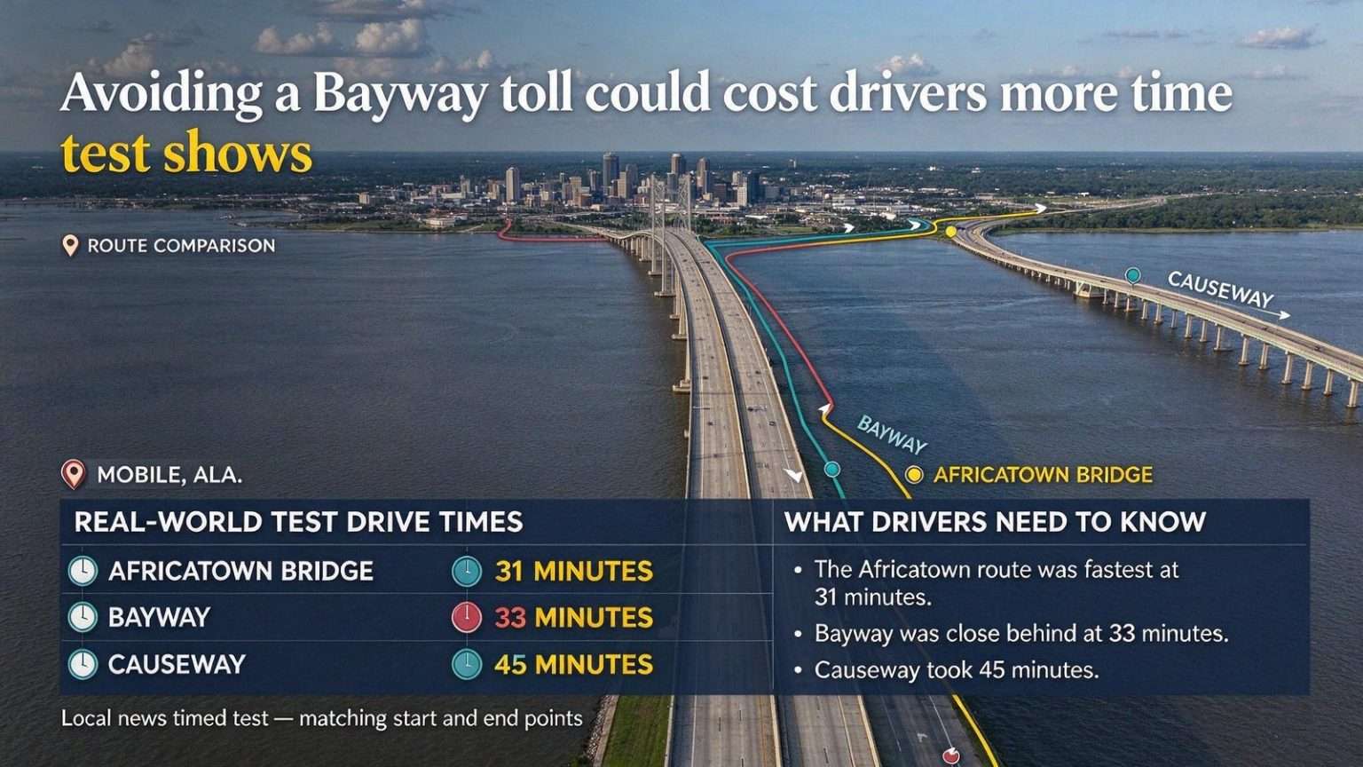 Illustration for the news story: Avoiding a possible Bayway toll could cost drivers more time, test shows