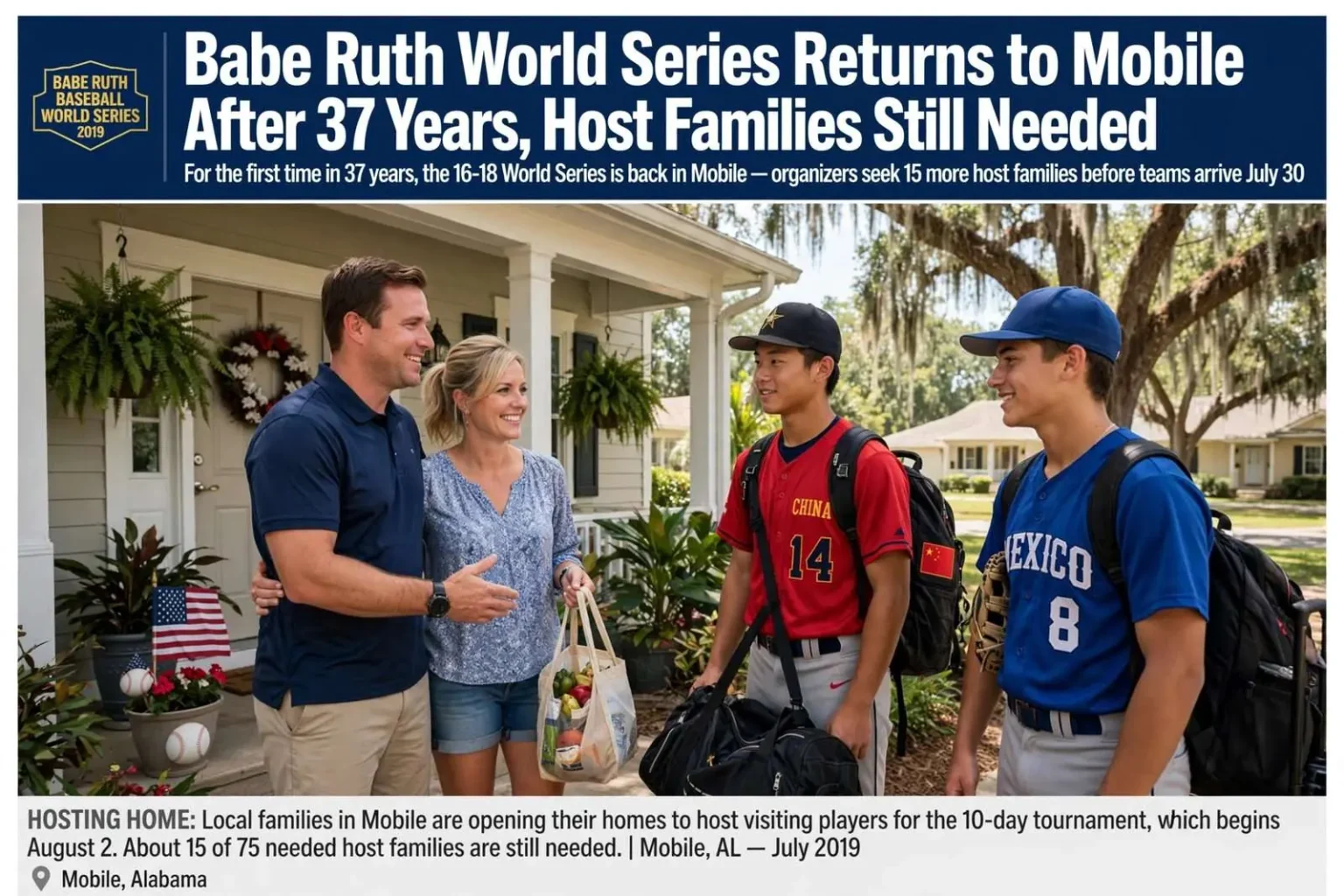 Illustration for the news story: Babe Ruth World Series Returns to Mobile After 37 Years, Host Families Still Needed