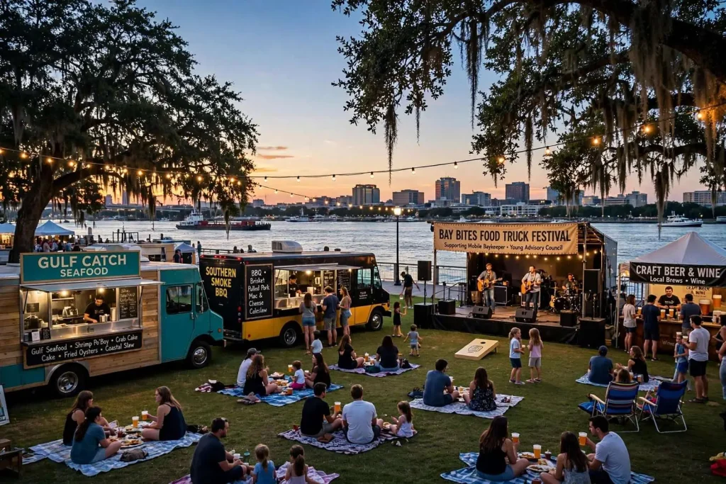 Illustration for the news story: Bay Bites food truck festival returns to Cooper Riverside Park in Mobile