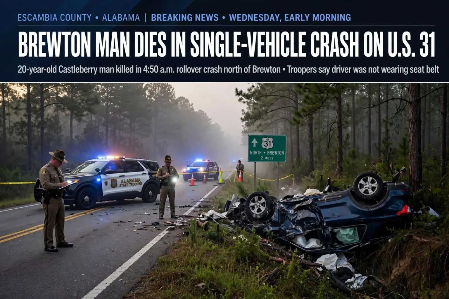 Illustration for the news story: Brewton man dies in single-vehicle crash on U.S. 31