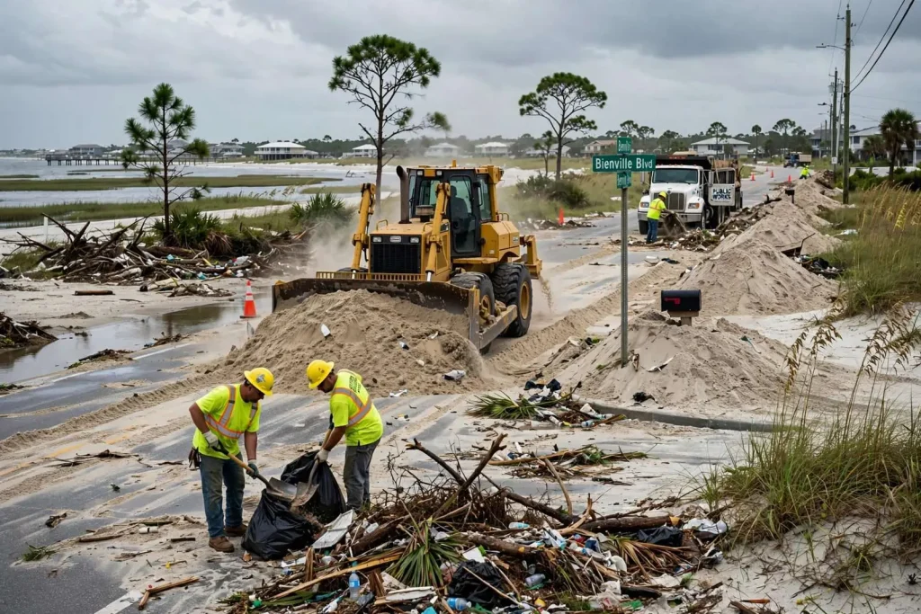 Illustration for the news story: Dauphin Island Cleanup From Tropical Storm Barry Could Stretch Into Midweek