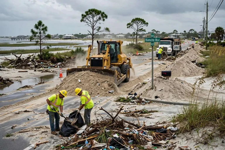 Illustration for the news story: Dauphin Island Cleanup From Tropical Storm Barry Could Stretch Into Midweek