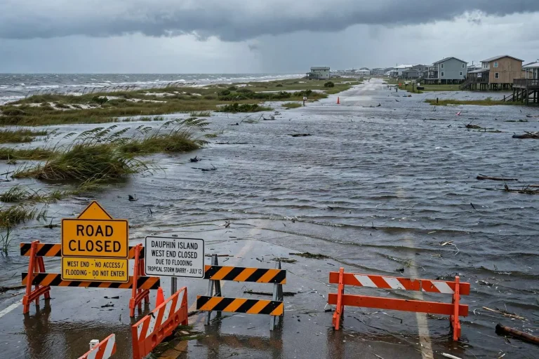 Illustration for the news story: Dauphin Island Closes West End as Water Floods Roadway Ahead of Tropical Storm Barry