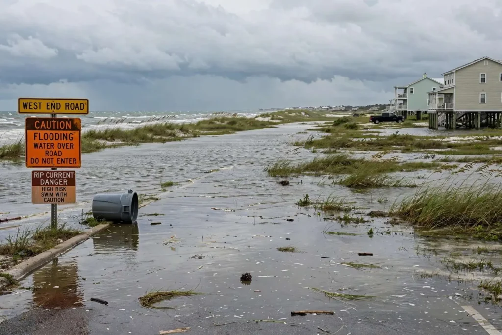 Illustration for the news story: Dauphin Island Officials Warn of Saltwater Flooding and Rip Currents as Gulf System Passes