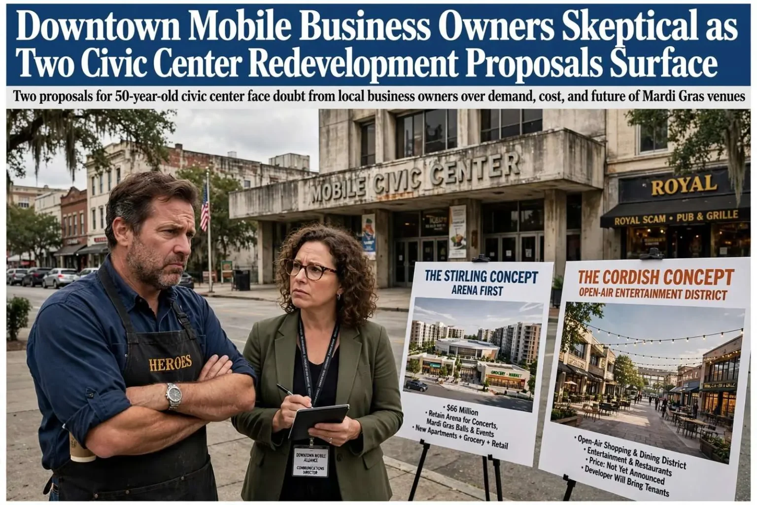 Illustration for the news story: Downtown Mobile Business Owners Skeptical as Two Civic Center Redevelopment Proposals Surface