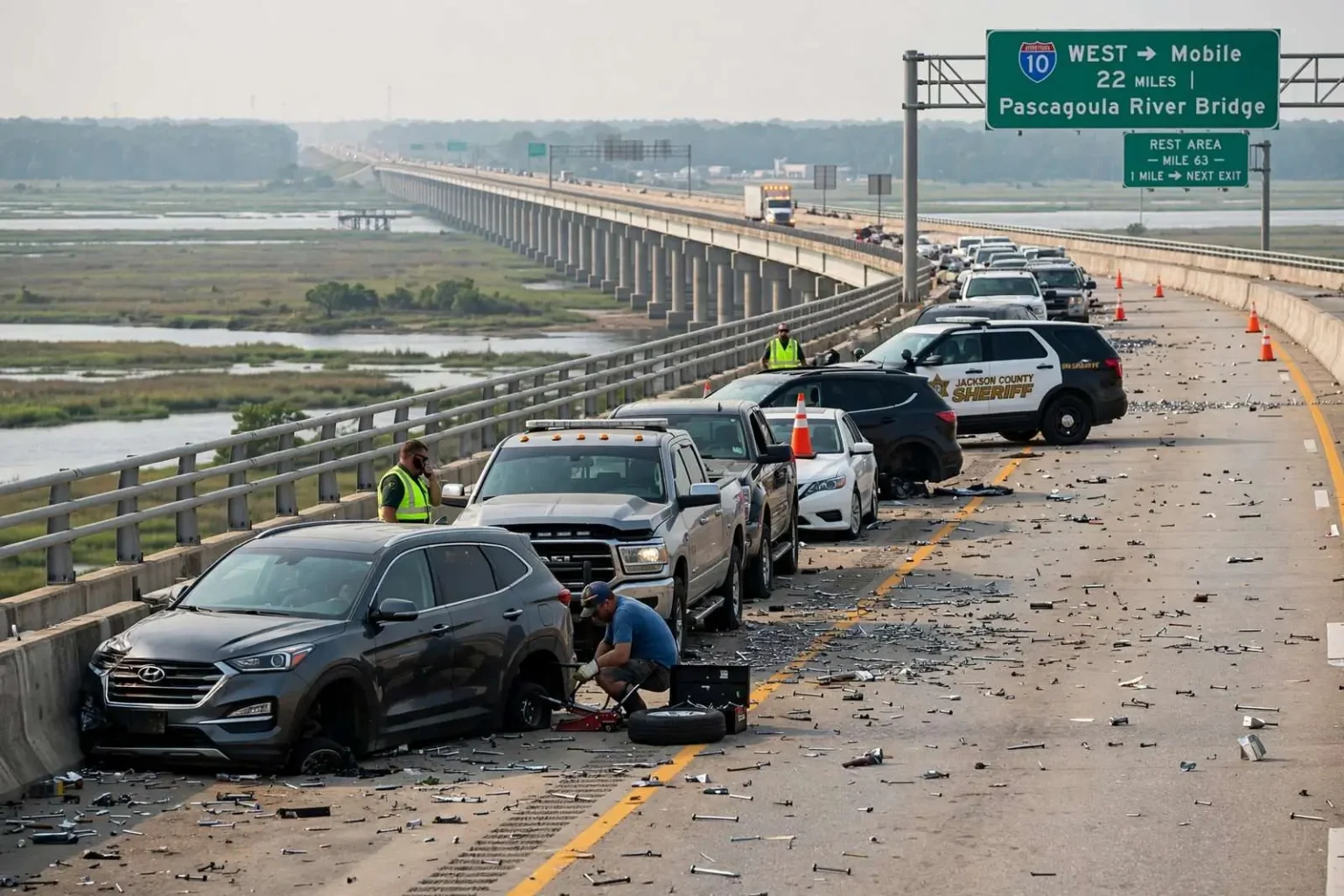 Illustration for the news story: Dozens of Tire Blowouts After Nails and Screws Scattered Across I-10 Bridge in Jackson County, Mississippi