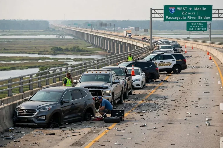 Illustration for the news story: Dozens of Tire Blowouts After Nails and Screws Scattered Across I-10 Bridge in Jackson County, Mississippi