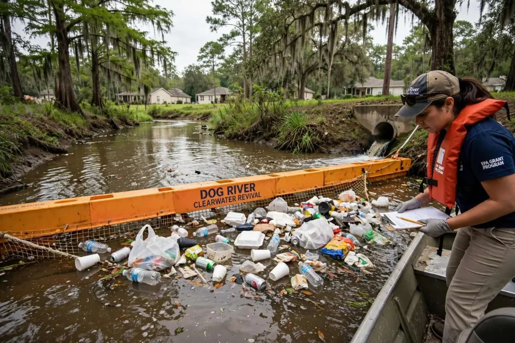 Illustration for the news story: EPA grant to fund effort to cut trash flowing into Dog River
