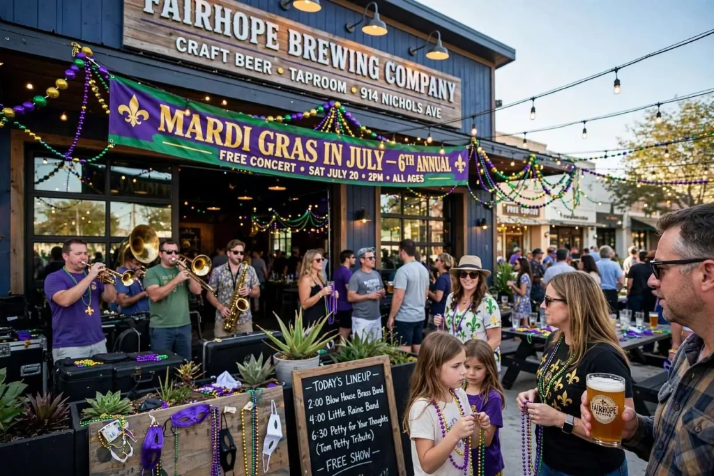 Illustration for the news story: Fairhope Brewing Marks Sixth Year of ‘Mardi Gras in July’ with Free Concert Lineup