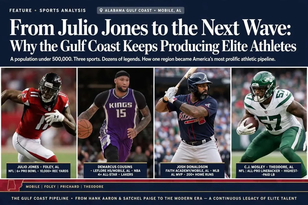 Illustration for the news story: From Julio Jones to the Next Wave: Why the Gulf Coast Keeps Producing Elite Athletes