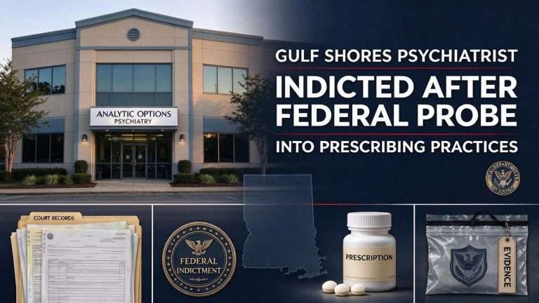 Illustration for the news story: Gulf Shores Psychiatrist Indicted After Federal Probe Into Prescribing Practices