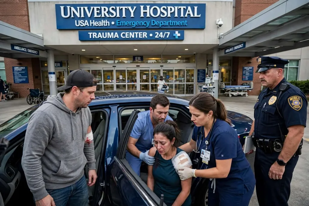 Illustration for the news story: Man and Woman Wounded in Mobile Shooting Arrive at Hospital by Private Car