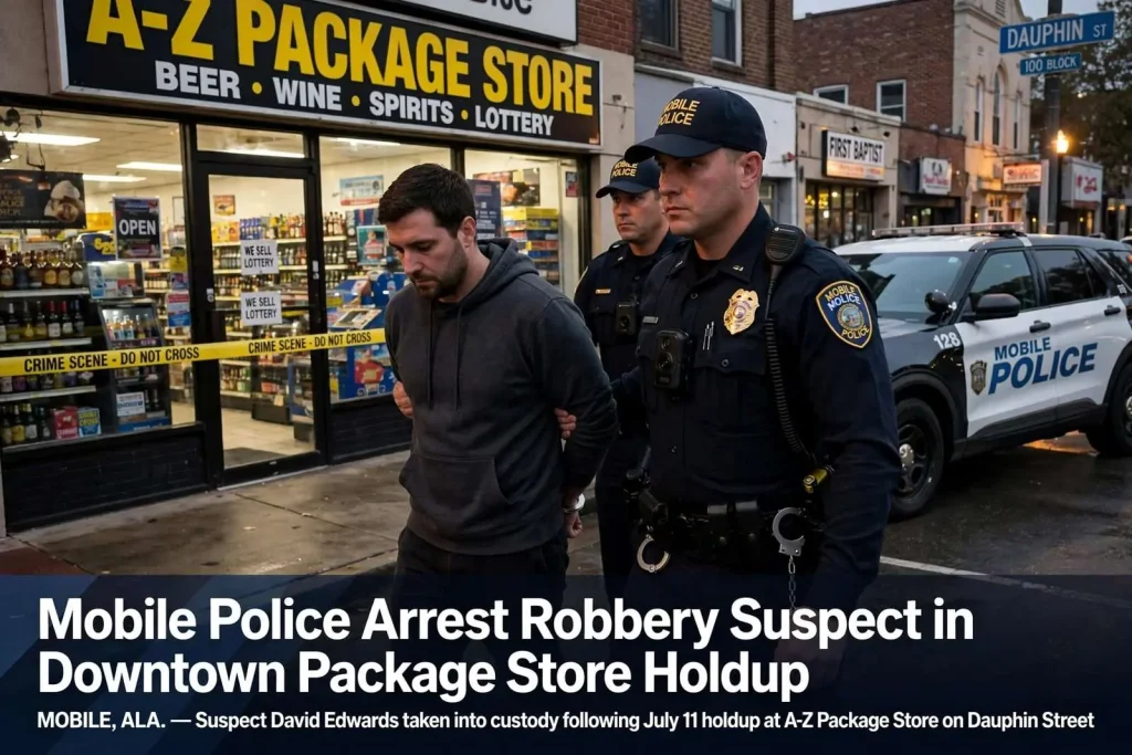 Illustration for the news story: Mobile Police Arrest Robbery Suspect in Downtown Package Store Holdup
