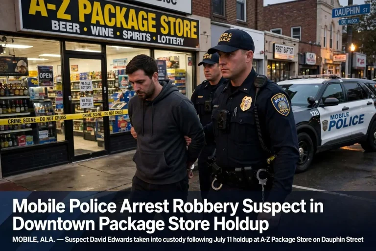 Illustration for the news story: Mobile Police Arrest Robbery Suspect in Downtown Package Store Holdup