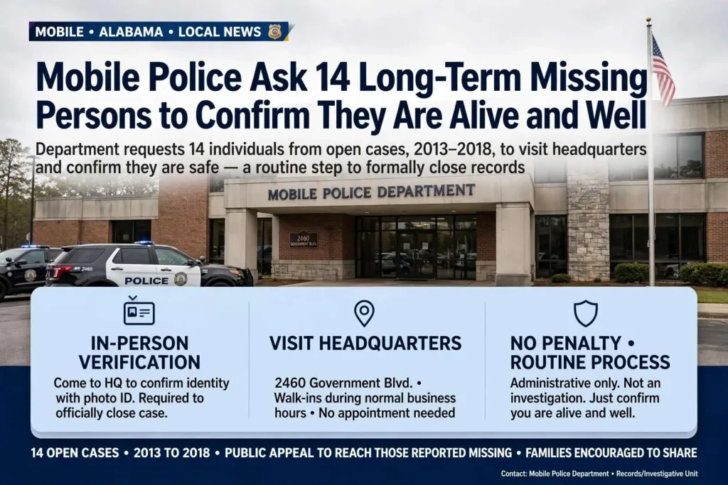 Illustration for the news story: Mobile Police Ask 14 Long-Term Missing Persons to Confirm They Are Alive and Well