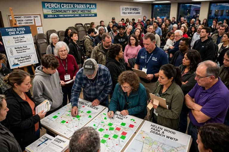 Illustration for the news story: Mobile residents pack community meeting on Perch Creek Parks plan