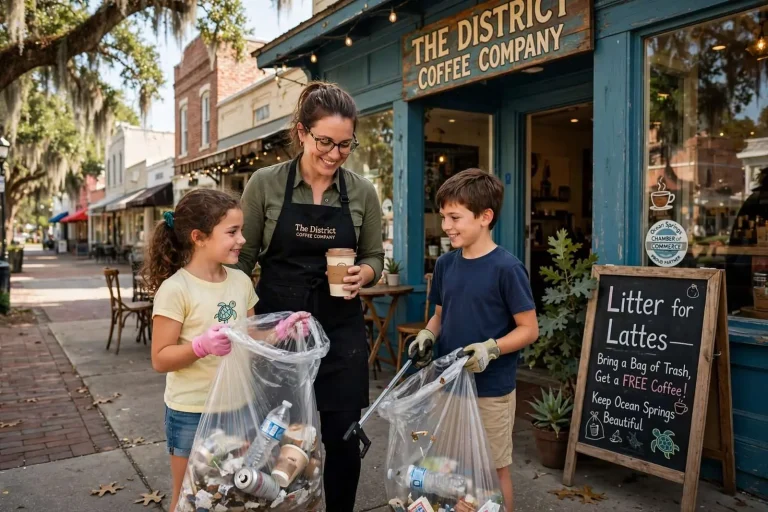 Illustration for the news story: Ocean Springs ‘Litter for Lattes’ rewards trash pickup with free coffee