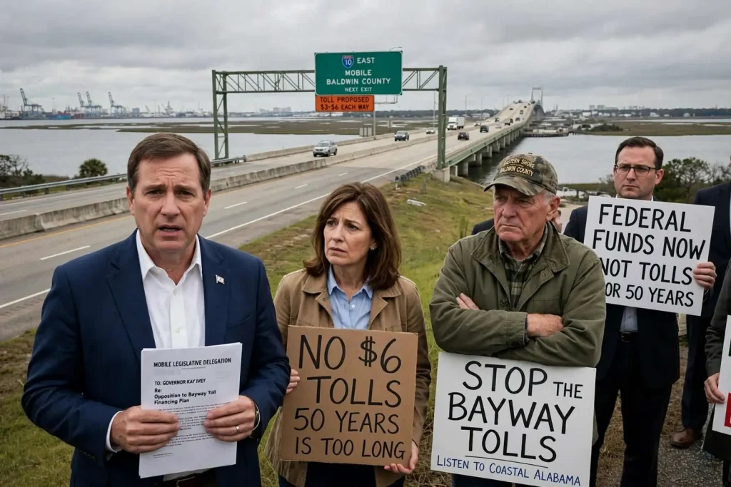 Illustration for the news story: Opposition To Bayway Tolls Widens As Mobile Delegation And Sen. Elliott Press Ivey