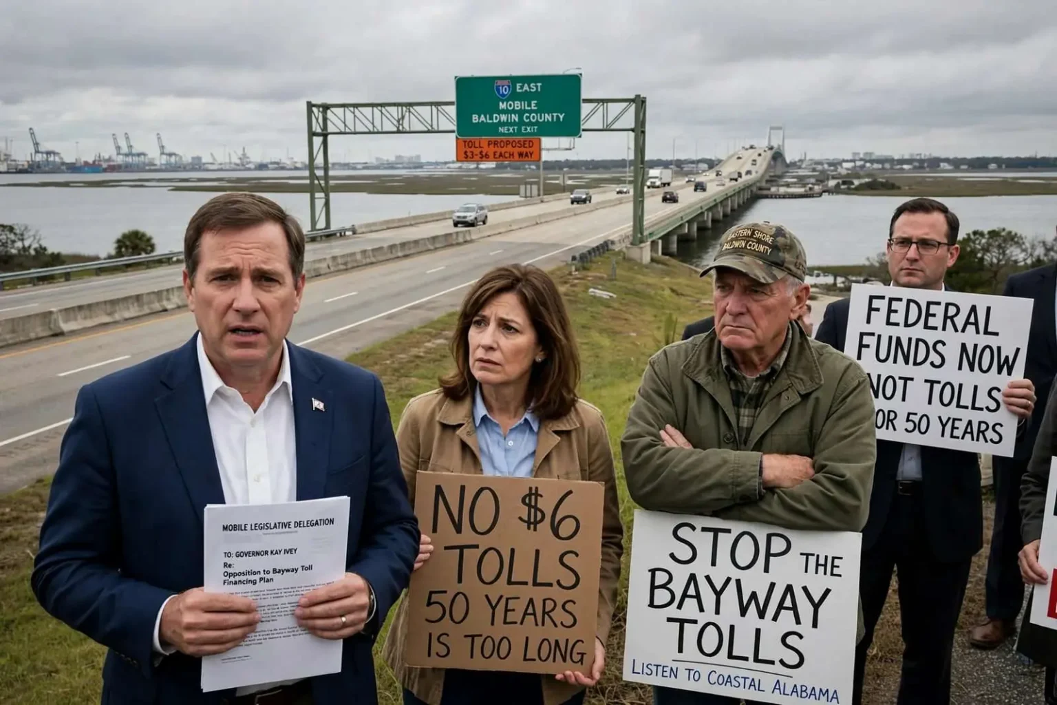 Illustration for the news story: Opposition To Bayway Tolls Widens As Mobile Delegation And Sen. Elliott Press Ivey