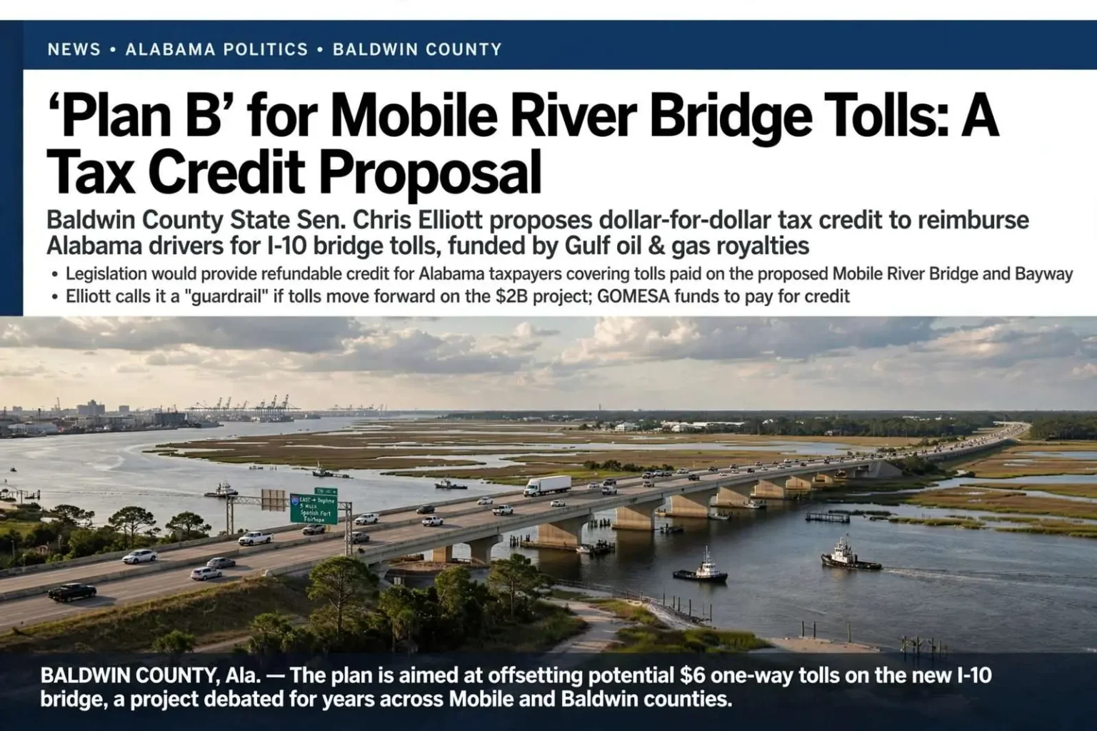 Illustration for the news story: ‘Plan B’ for tolling the Mobile River Bridge project would offer a tax credit