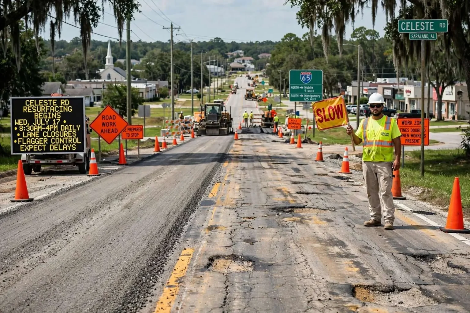 Illustration for the news story: Resurfacing on Celeste Road in Saraland to begin Wednesday