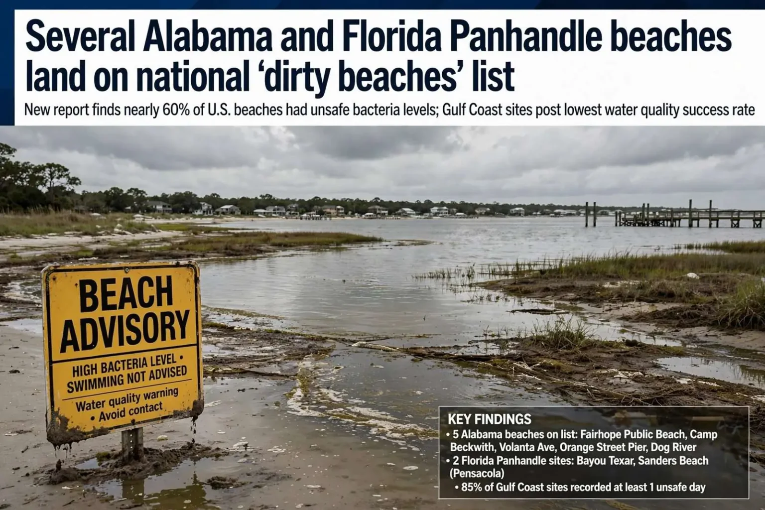 Illustration for the news story: Several Alabama and Florida Panhandle beaches land on national ‘dirty beaches’ list
