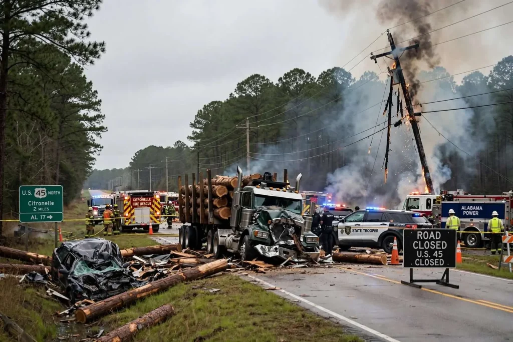 Illustration for the news story: Two Drivers Killed in Head-On Crash Between Log Truck and Sedan on U.S. 45 in Citronelle