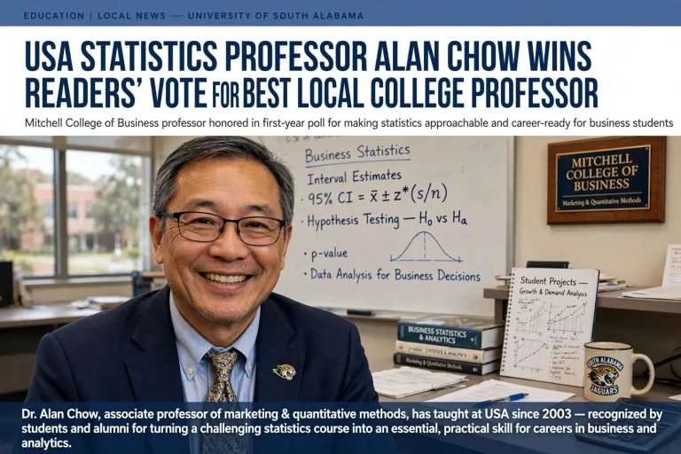 Illustration for the news story: USA Statistics Professor Alan Chow Wins Readers’ Vote for Best Local College Professor