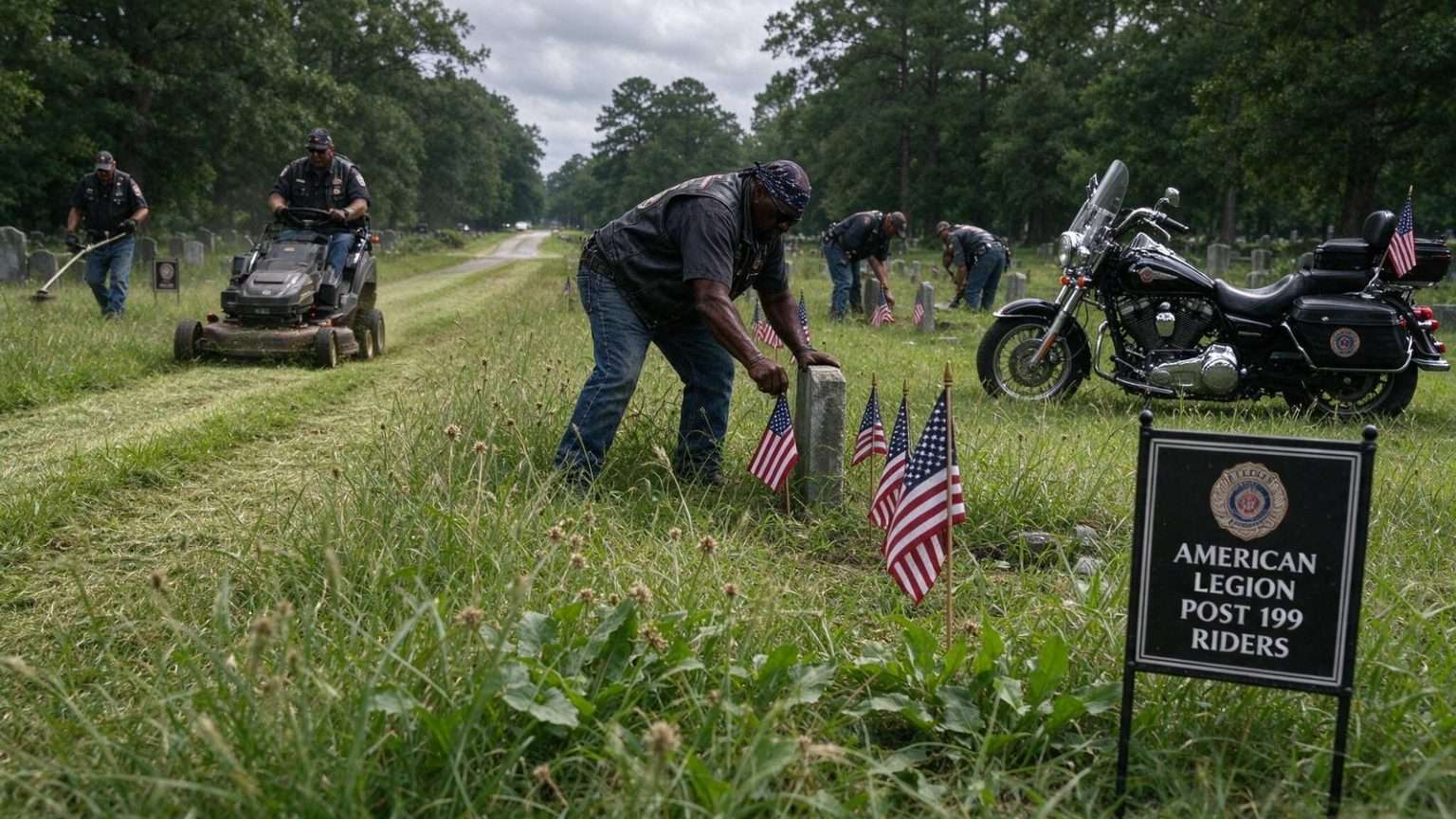 Illustration for the news story: Veteran Bikers Launch ‘Operation Overload’ to Fight Weeds at Mobile’s Oaklawn Cemetery