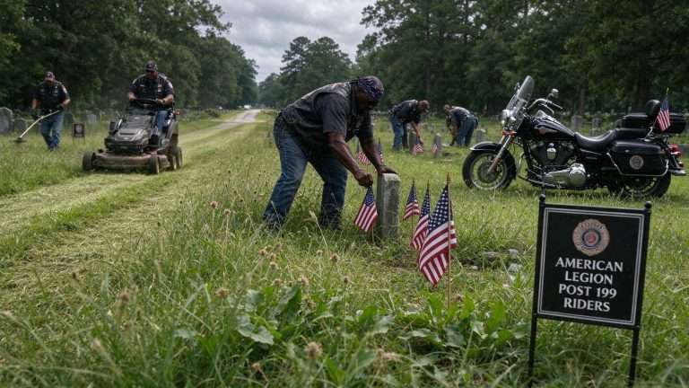 Illustration for the news story: Veteran Bikers Launch ‘Operation Overload’ to Fight Weeds at Mobile’s Oaklawn Cemetery