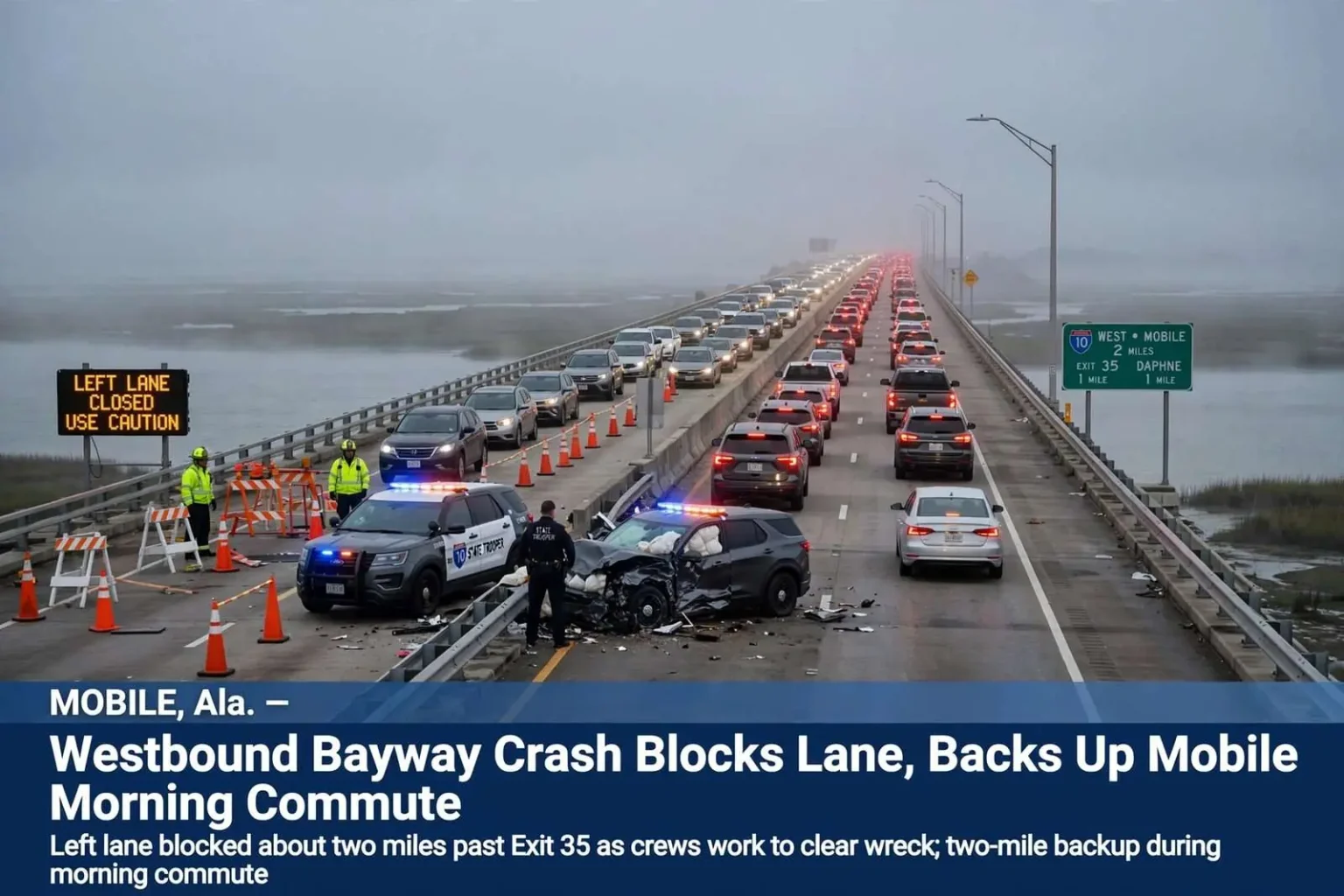 Illustration for the news story: Westbound Bayway Crash Blocks Lane, Backs Up Mobile Morning Commute