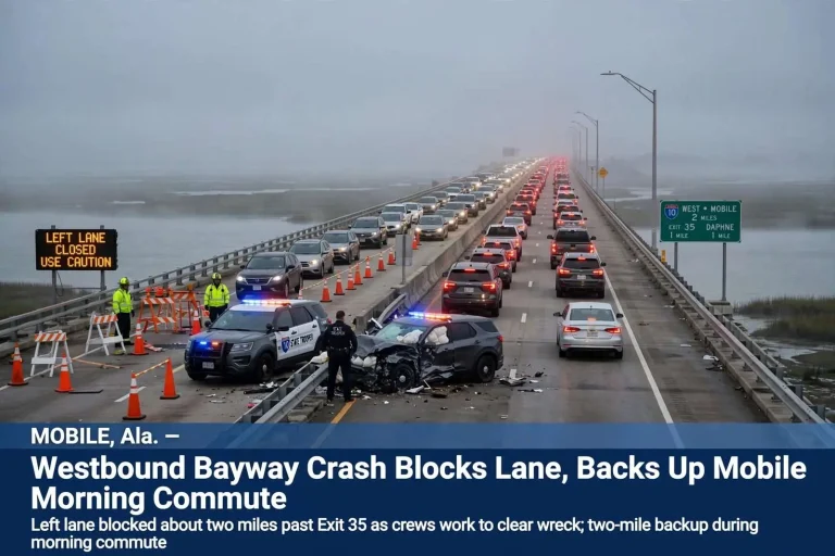 Illustration for the news story: Westbound Bayway Crash Blocks Lane, Backs Up Mobile Morning Commute