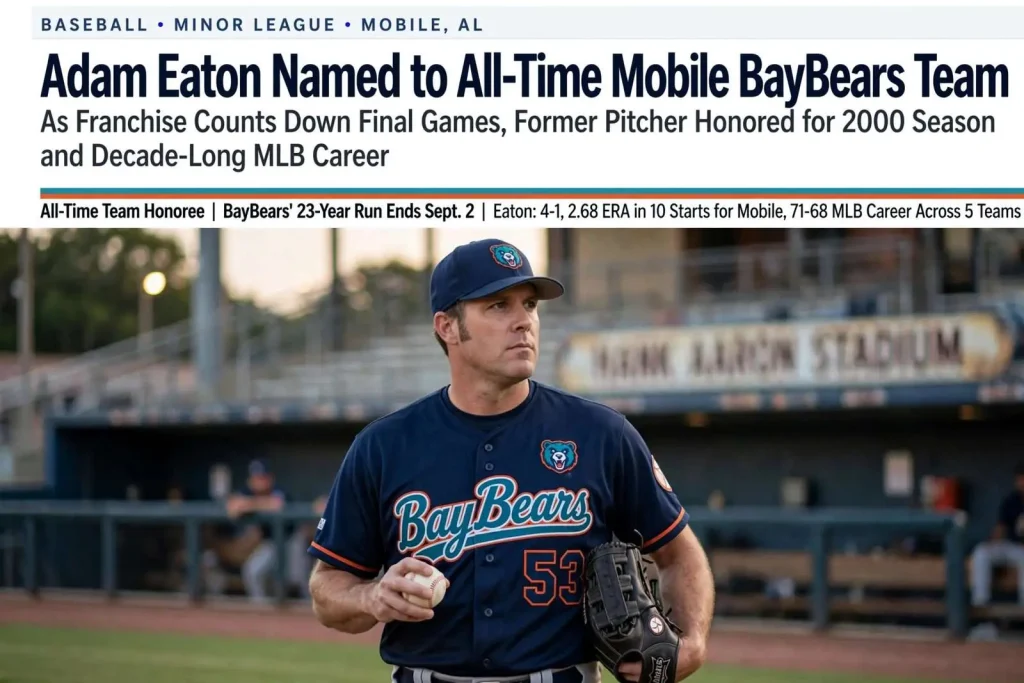 Illustration for the news story: Adam Eaton Named to All-Time Mobile BayBears Team as Franchise Counts Down Final Games