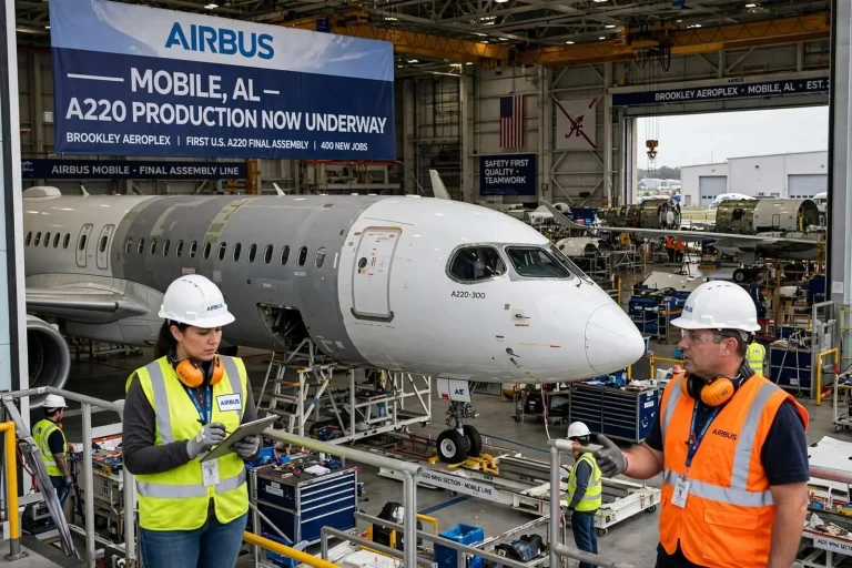 Illustration for the news story: Airbus Starts Building A220 Jets at Mobile’s Brookley Plant