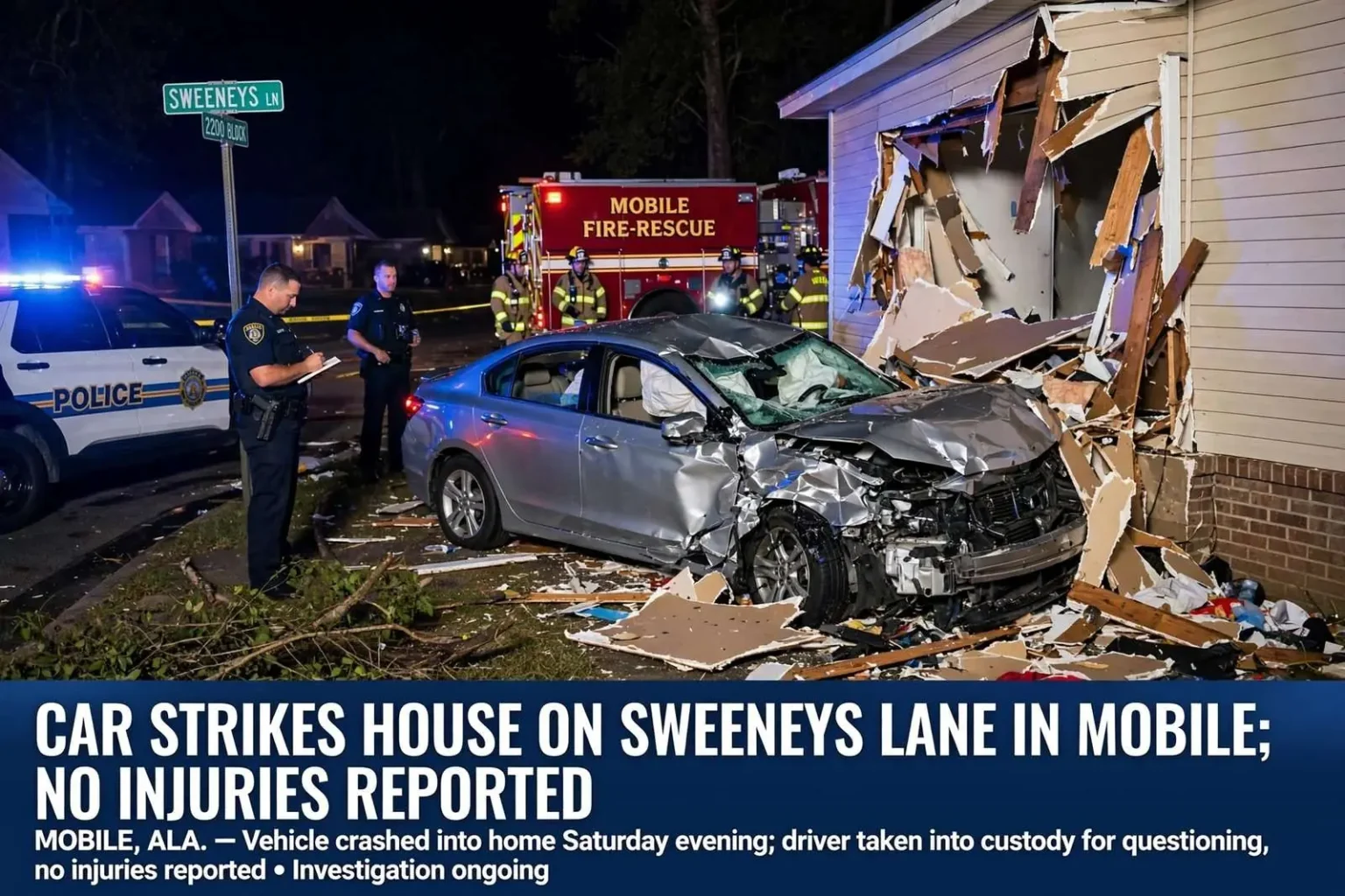 Illustration for the news story: Car Strikes House on Sweeneys Lane in Mobile; No Injuries Reported