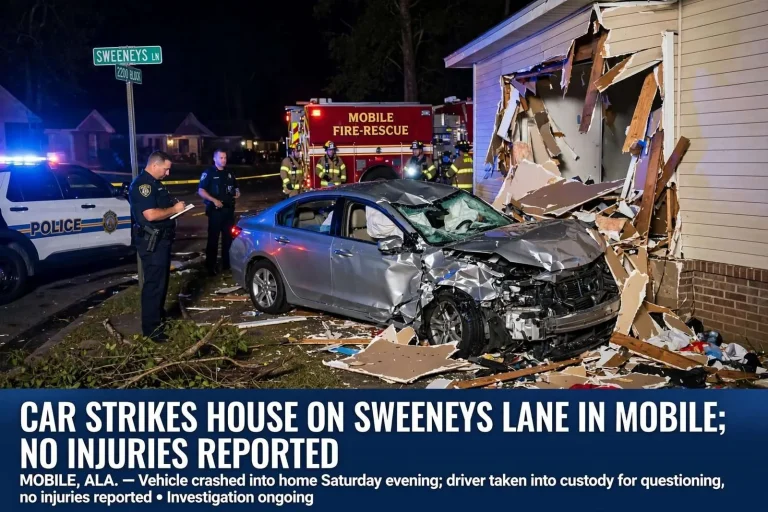Illustration for the news story: Car Strikes House on Sweeneys Lane in Mobile; No Injuries Reported