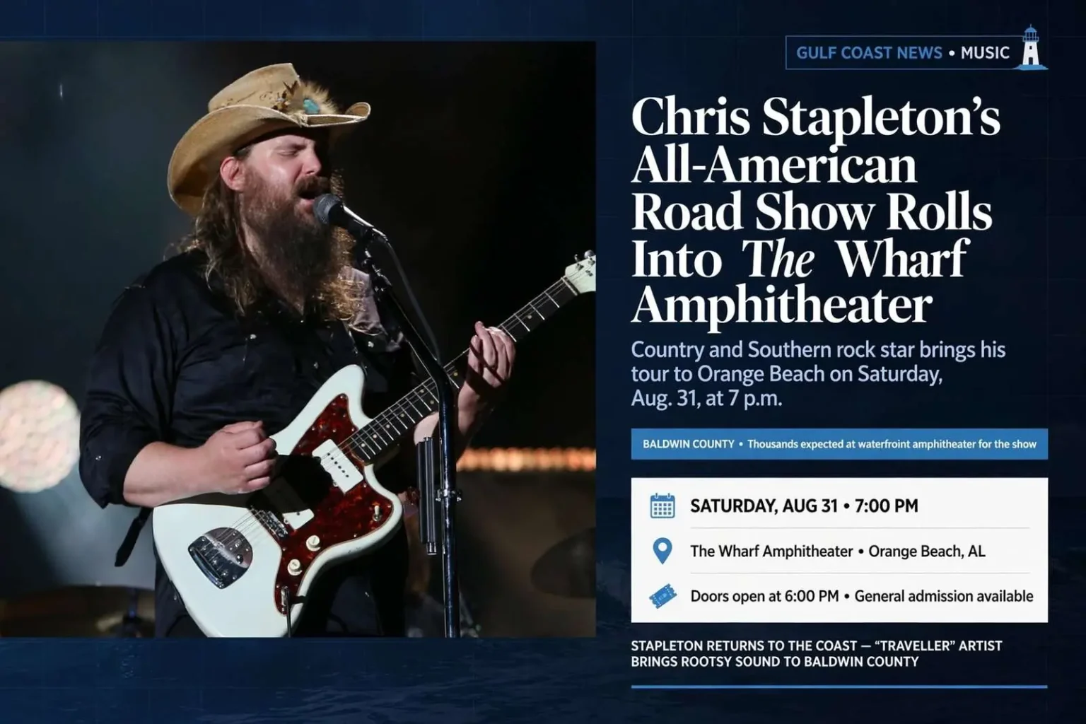 Illustration for the news story: Chris Stapleton’s All-American Road Show Rolls Into The Wharf Amphitheater