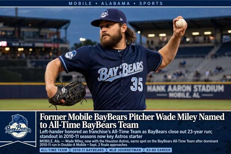 Illustration for the news story: Former Mobile BayBears pitcher Wade Miley named to All-Time BayBears team