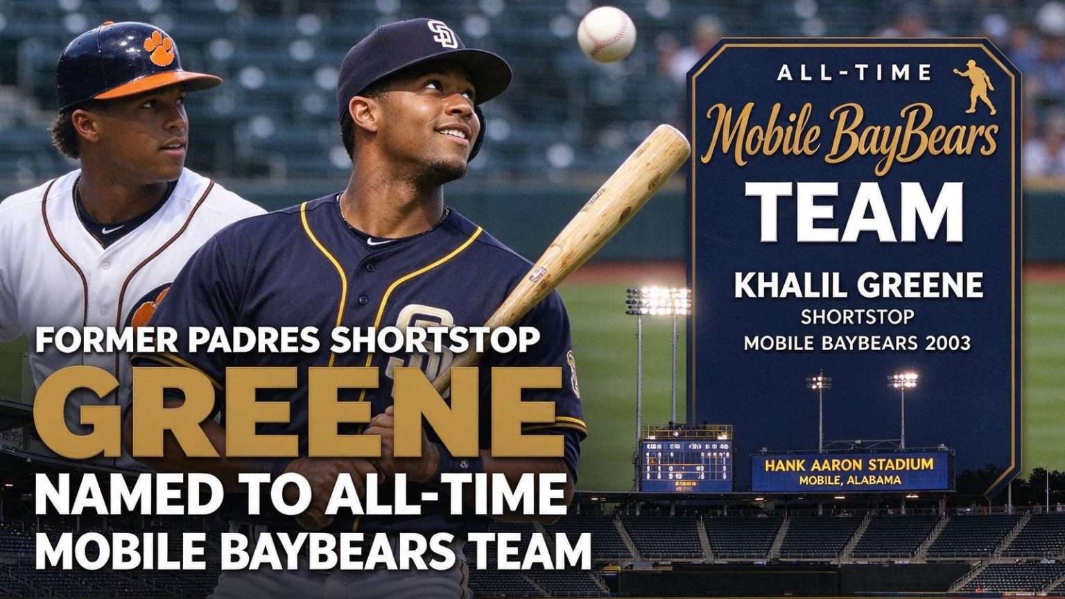 Illustration for the news story: Former Padres shortstop Greene named to All-Time Mobile BayBears Team