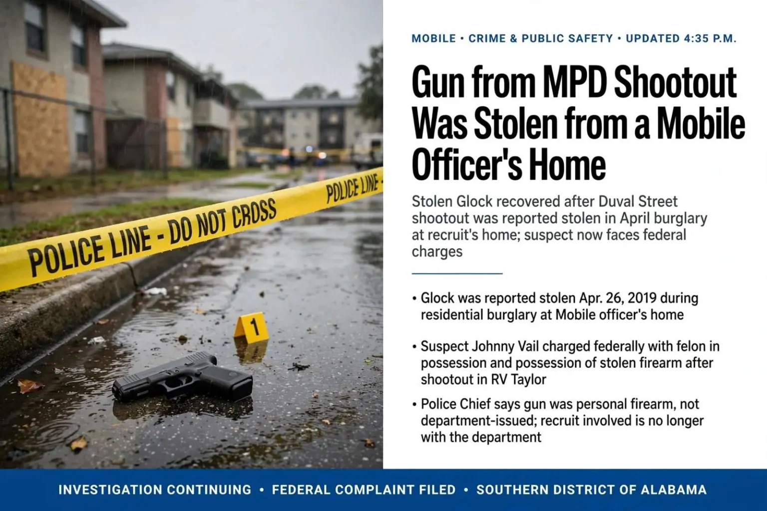 Illustration for the news story: Gun from MPD shootout was stolen from a Mobile officer’s home