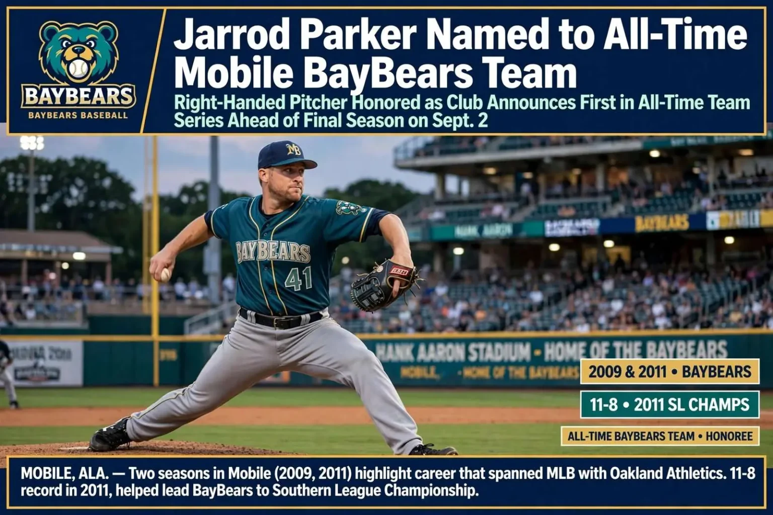 Illustration for the news story: Jarrod Parker named to All-Time Mobile BayBears Team