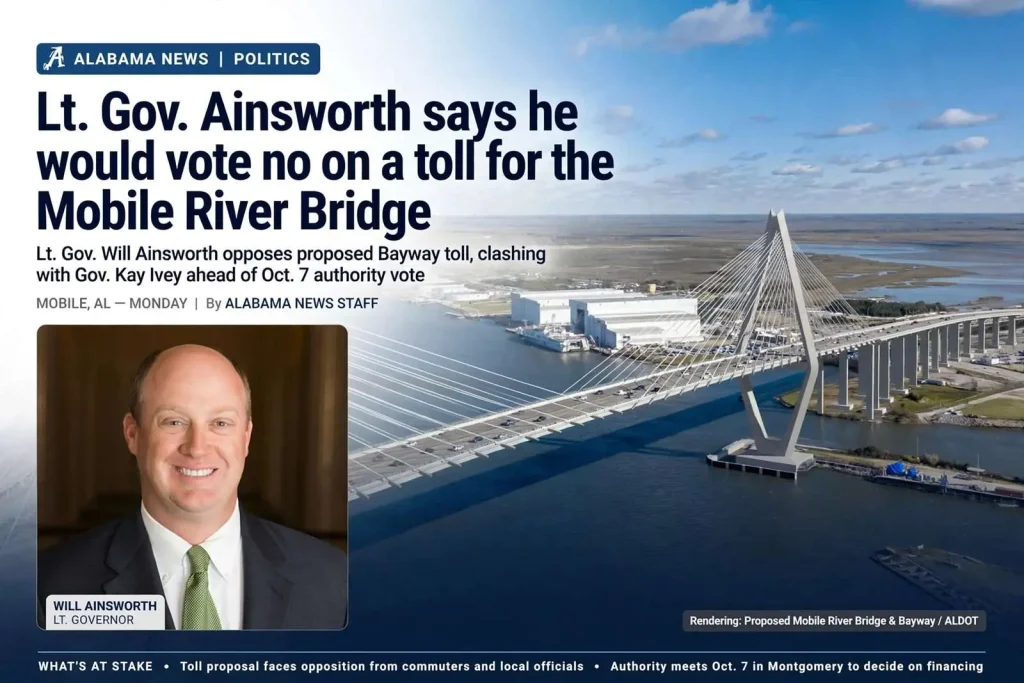 Illustration for the news story: Lt. Gov. Ainsworth says he would vote no on a toll for the Mobile River Bridge