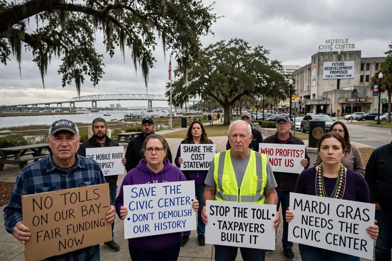 Illustration for the news story: Mobile-Area Residents Push Back on Bridge Tolls and Civic Center Redevelopment Plans