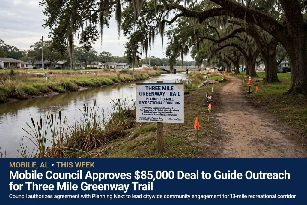 Illustration for the news story: Mobile Council Approves $85,000 Deal to Guide Outreach for Three Mile Greenway Trail