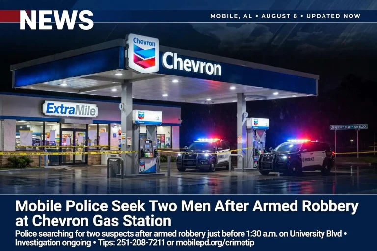Illustration for the news story: Mobile Police Seek Two Men After Armed Robbery at Chevron Gas Station