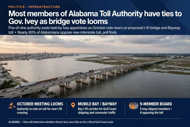 Illustration for the news story: Most members of Alabama Toll Authority have ties to Gov. Ivey as bridge vote looms