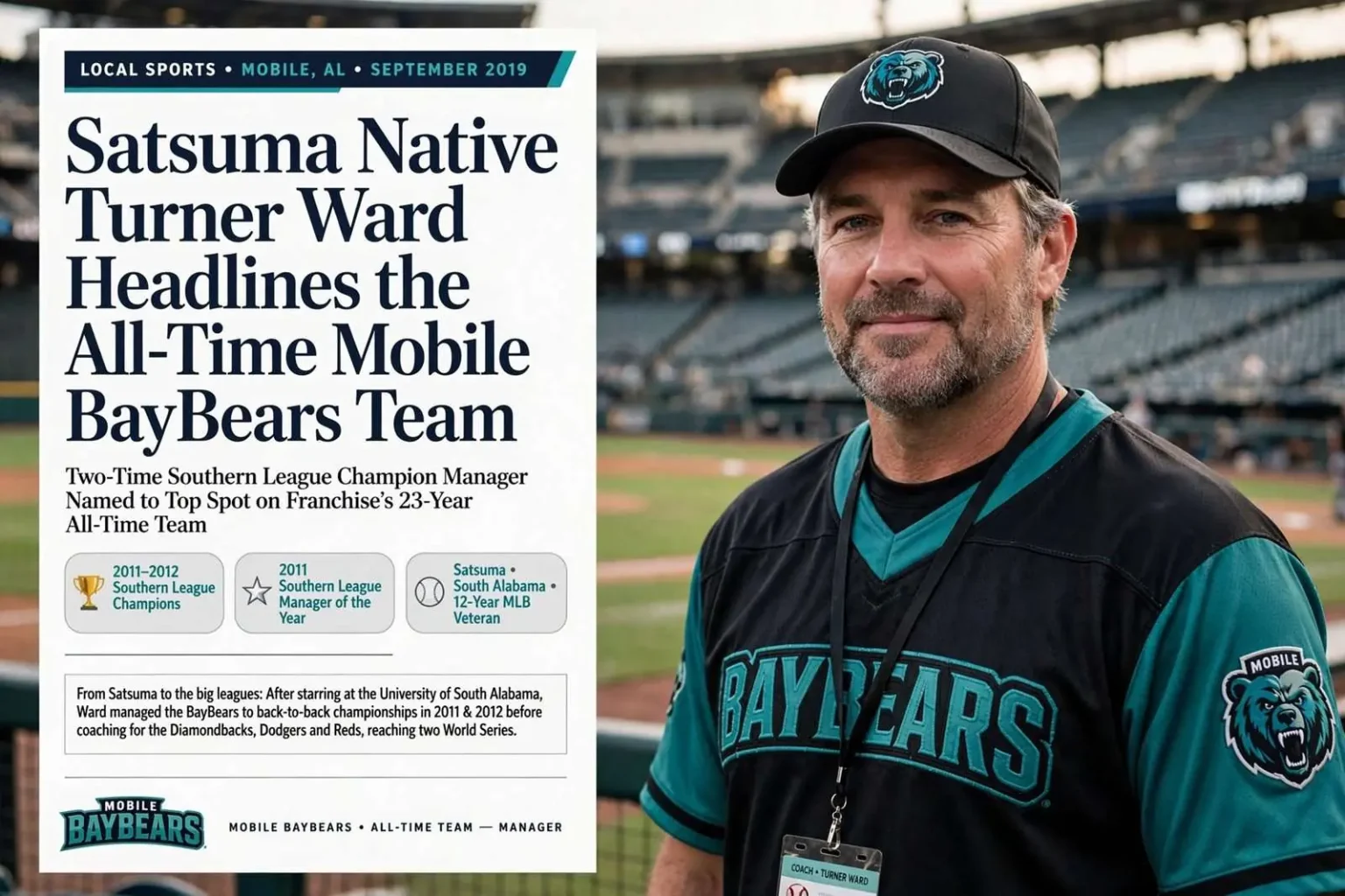 Illustration for the news story: Satsuma Native Turner Ward Headlines the All-Time Mobile BayBears Team